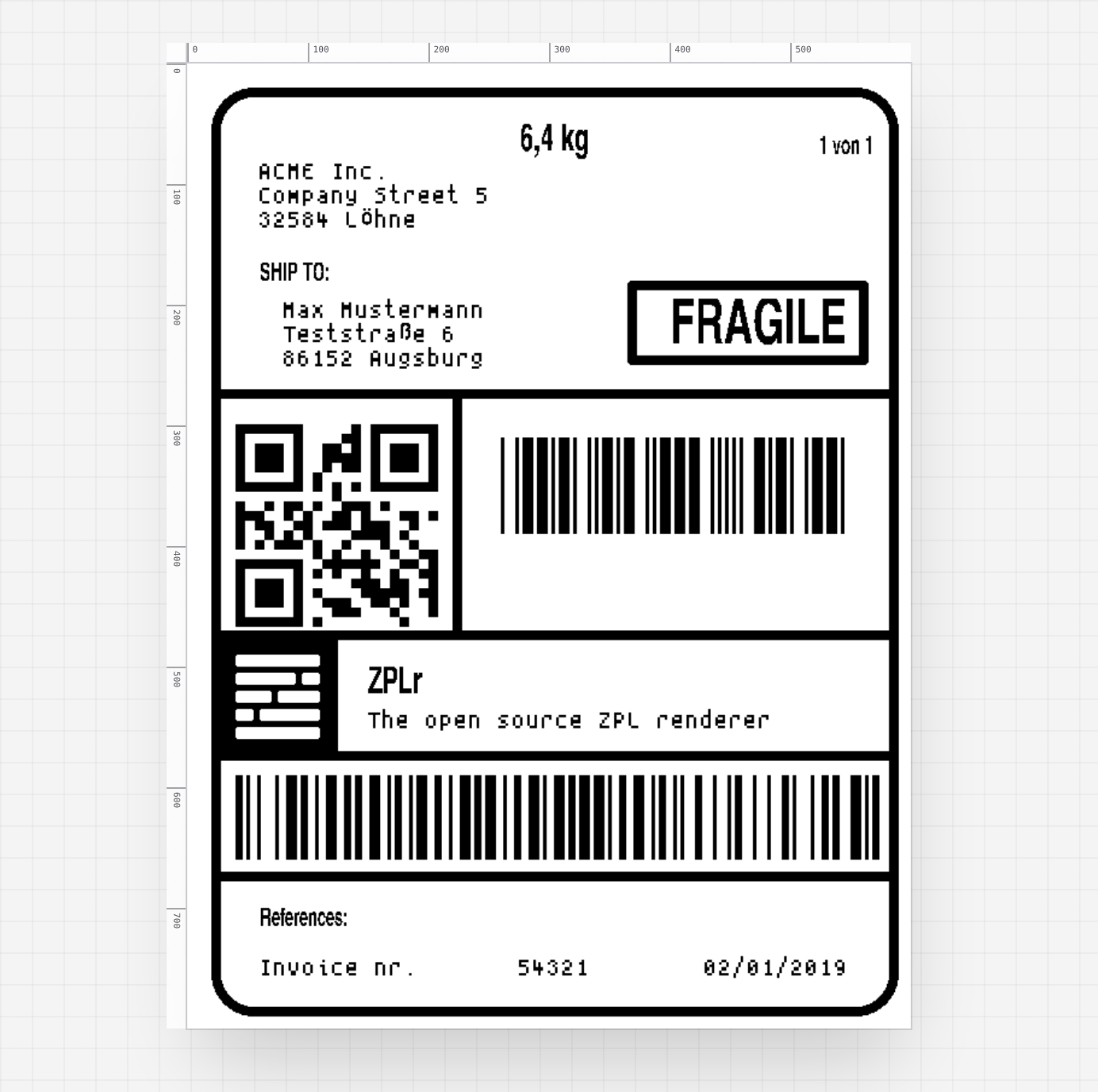 Rendered shipping label in the live ZPL preview canvas