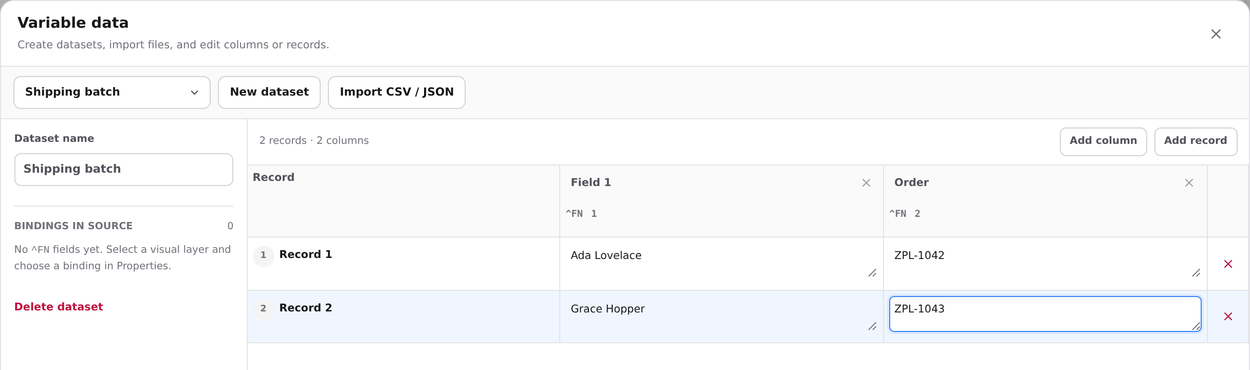 ZPL variable data manager previewing records imported from CSV or JSON for batch label export