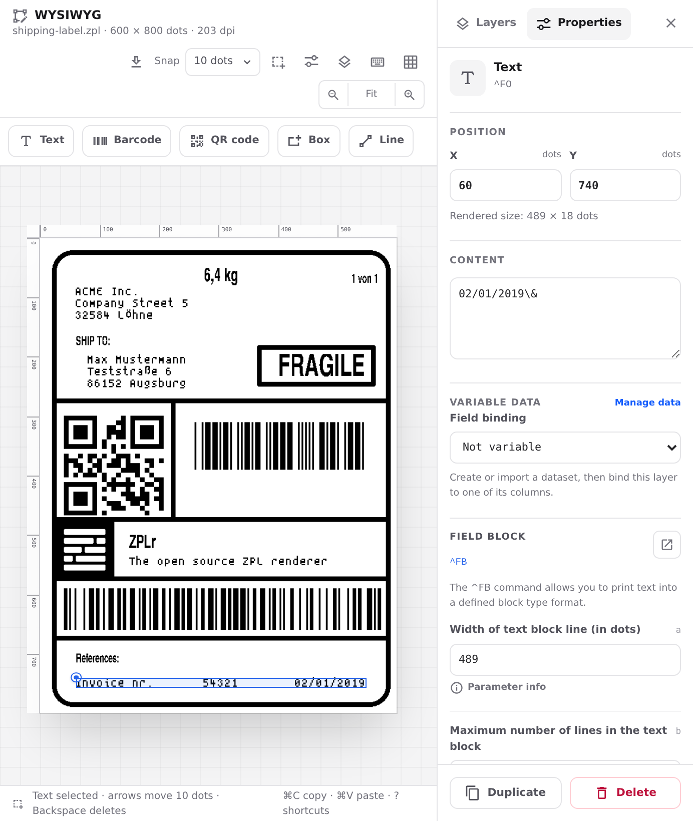 Visual ZPL label designer with a drag-and-drop canvas, layers, guides, and field properties